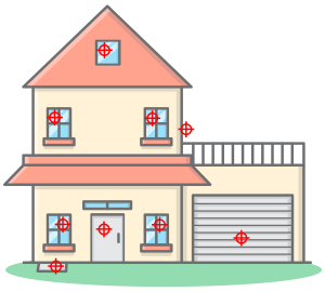 Grafik eines Hauses mit Markierungen für Einbruchsziele